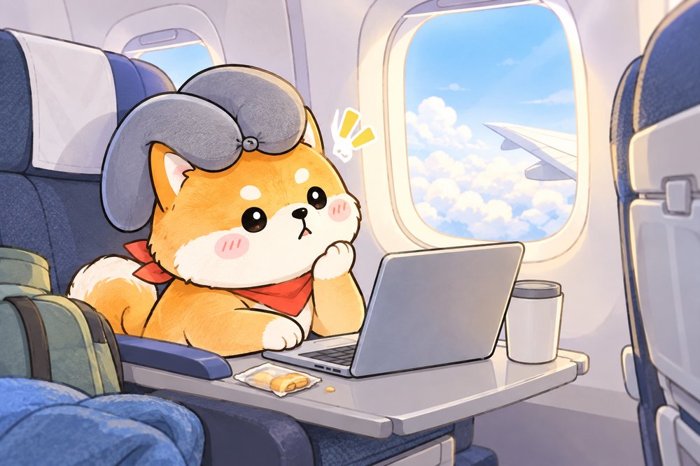 機内で動画の読み込みを待つ柴犬のナビ助