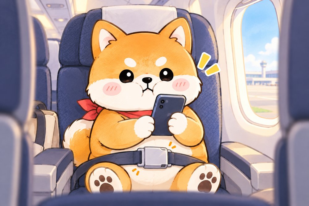 離陸前にスマホを機内モードにする柴犬のナビ助