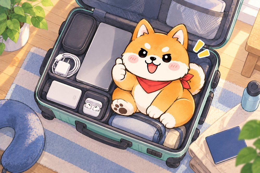 機内持ちこみの準備を終えた柴犬のナビ助