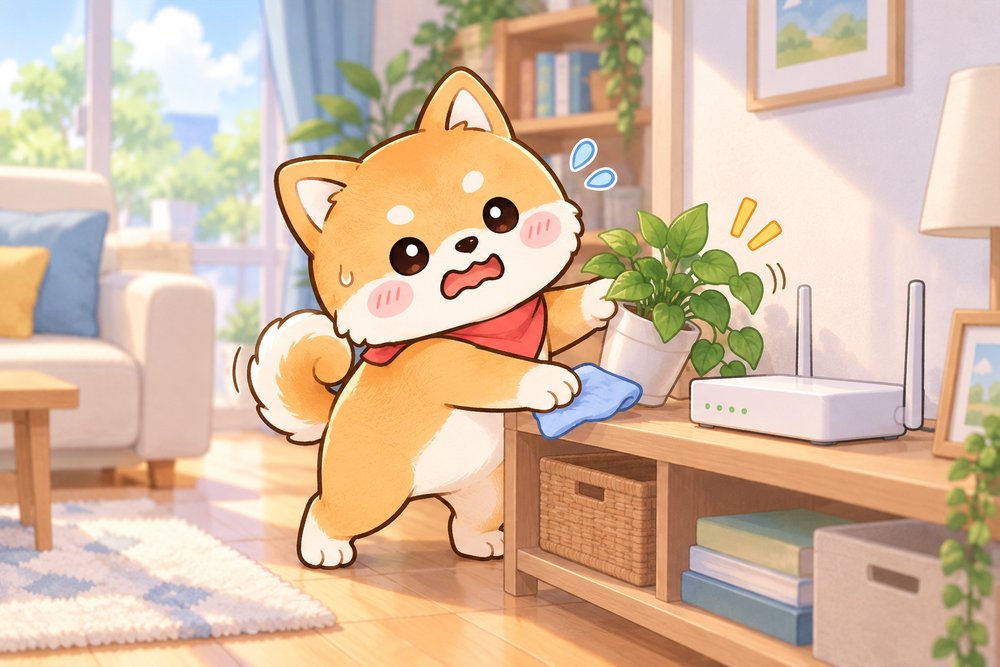 低い棚のルーターをふいて観葉植物を押さえる柴犬のナビ助