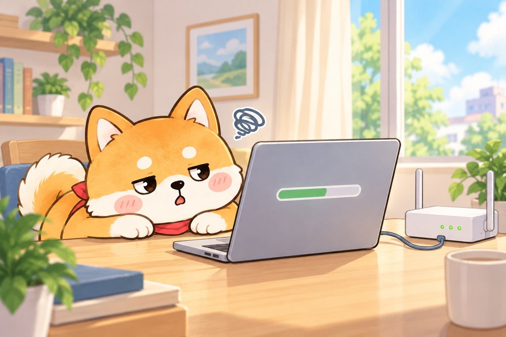 進行バーを見つめて待ちくたびれる柴犬のナビ助