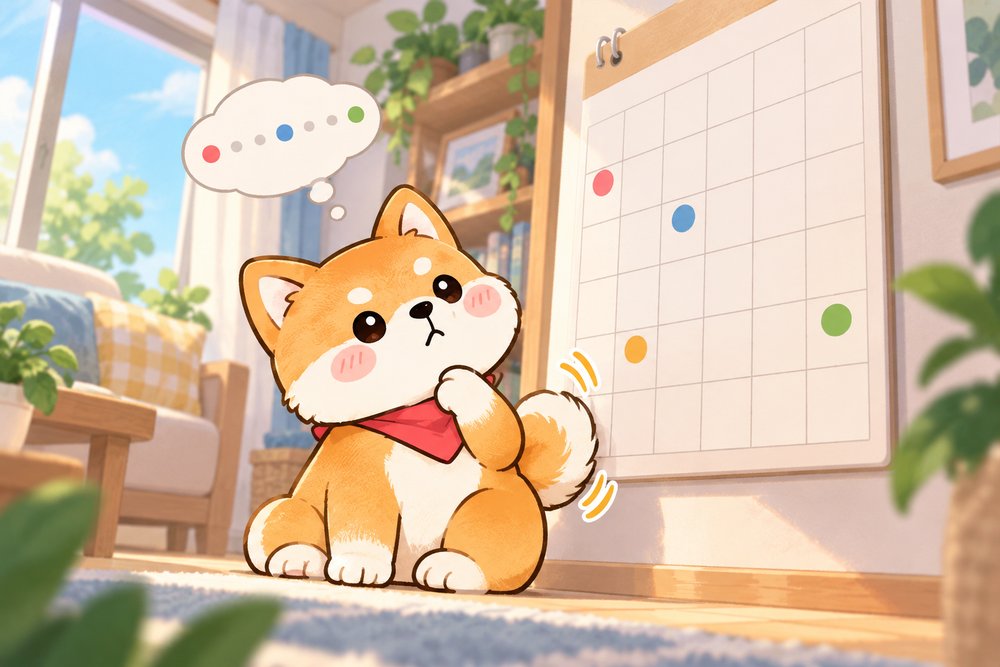 カレンダーを見て更新のタイミングを考える柴犬のナビ助