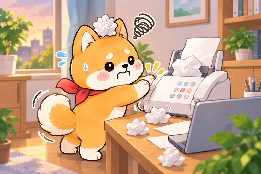 紙づまりを起こしたFAXをたたいて困る柴犬のナビ助