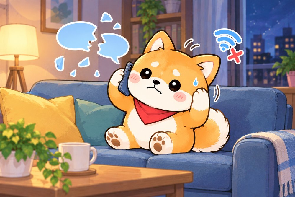 ちぎれた吹き出しに囲まれて通話に困る柴犬のナビ助