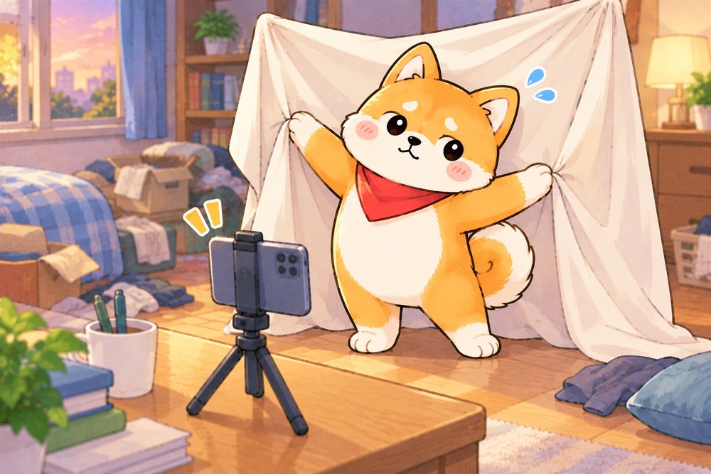 大きな布で背景を隠してビデオ通話を準備する柴犬のナビ助