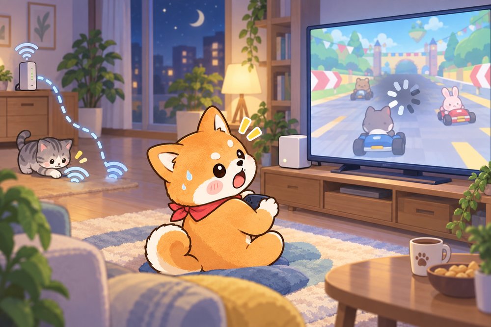 ゲームがカクカクして遠いルーターを振り返る柴犬のナビ助
