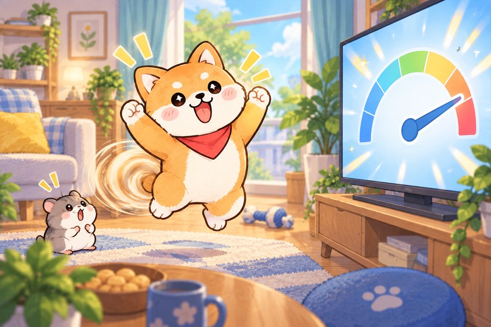 通信速度テストの結果に大喜びする柴犬のナビ助