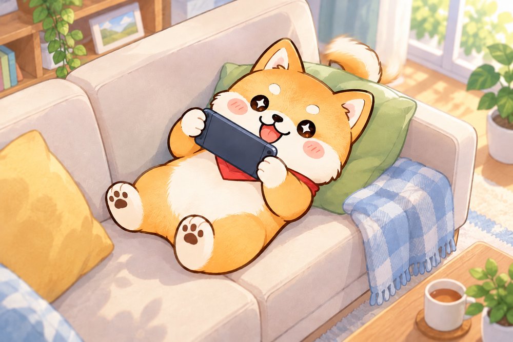 ソファで寝ころんでゲーム機をつなぐ柴犬のナビ助