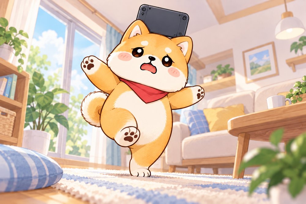 ゲーム機を頭にのせて電波を探す柴犬のナビ助