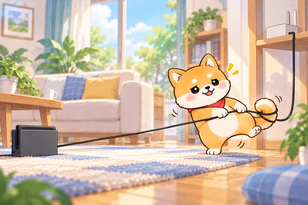 有線のケーブルを引っぱって安定をたしかめる柴犬のナビ助
