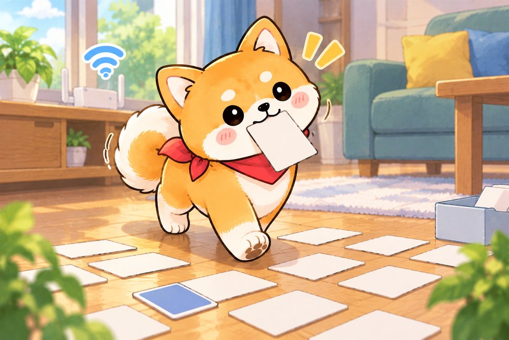 カードをくわえて基本用語を覚える柴犬のナビ助