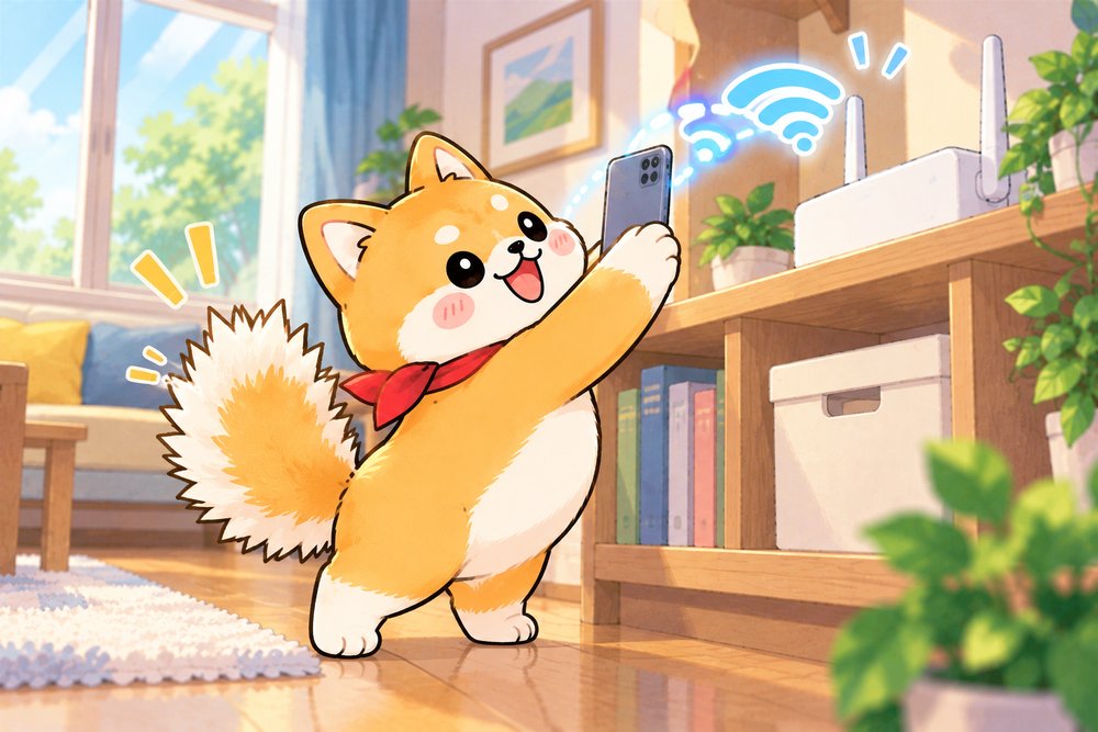 スマホをルーターに近づけてしっぽを逆立てる柴犬のナビ助