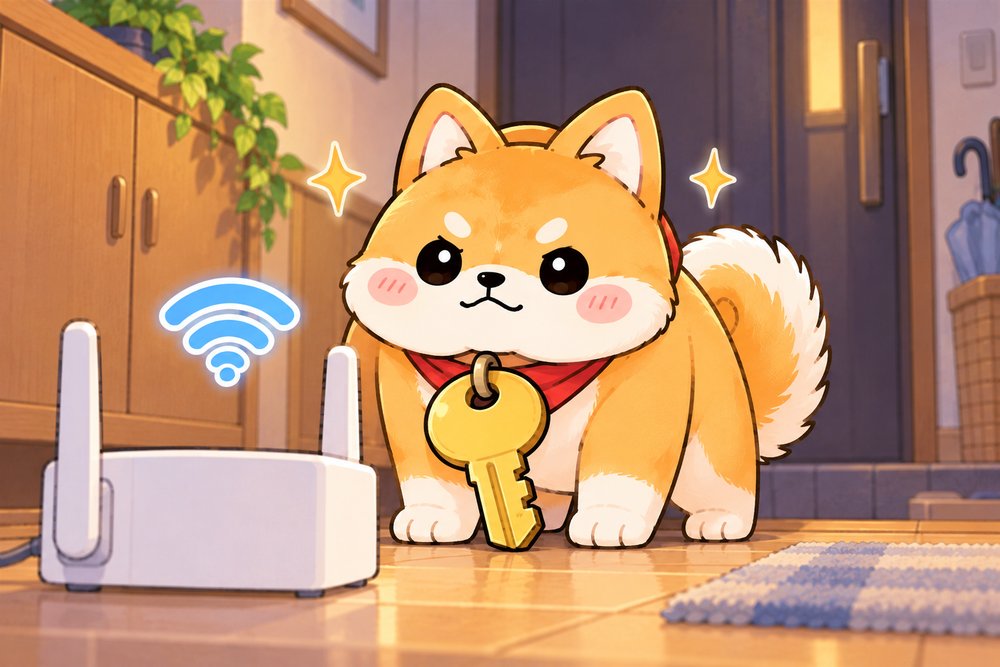 大きな鍵を首に下げてルーターの番をする柴犬のナビ助