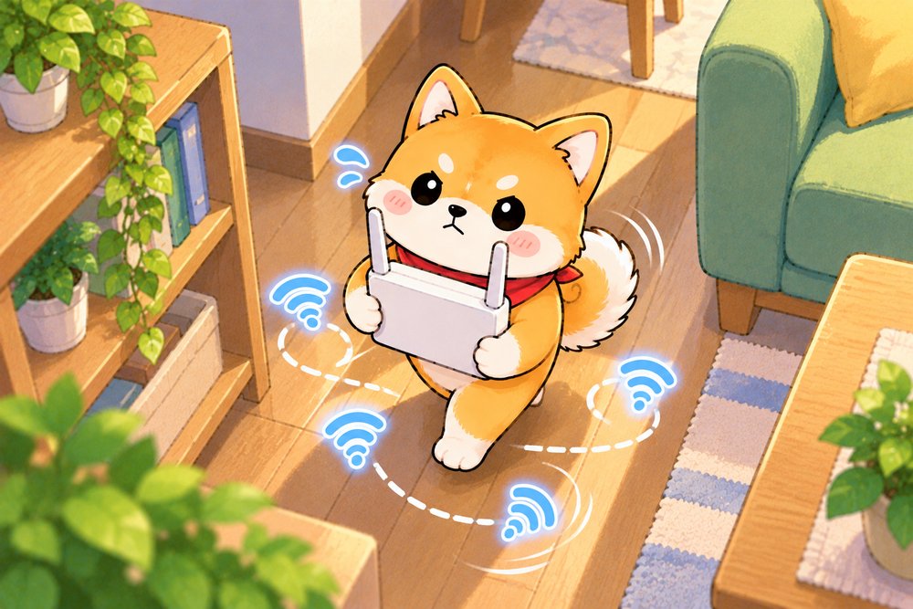 ルーターを抱えて電波マークと設置場所を探す柴犬のナビ助