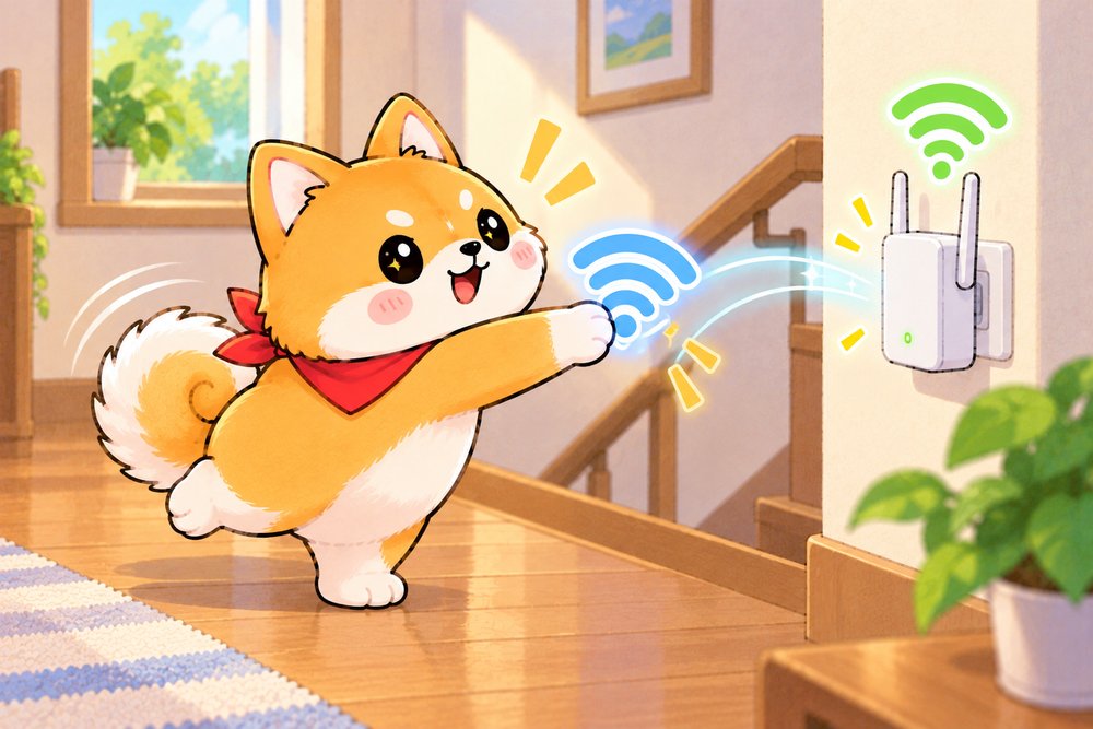 電波マークのバトンを中継器へ渡す柴犬のナビ助