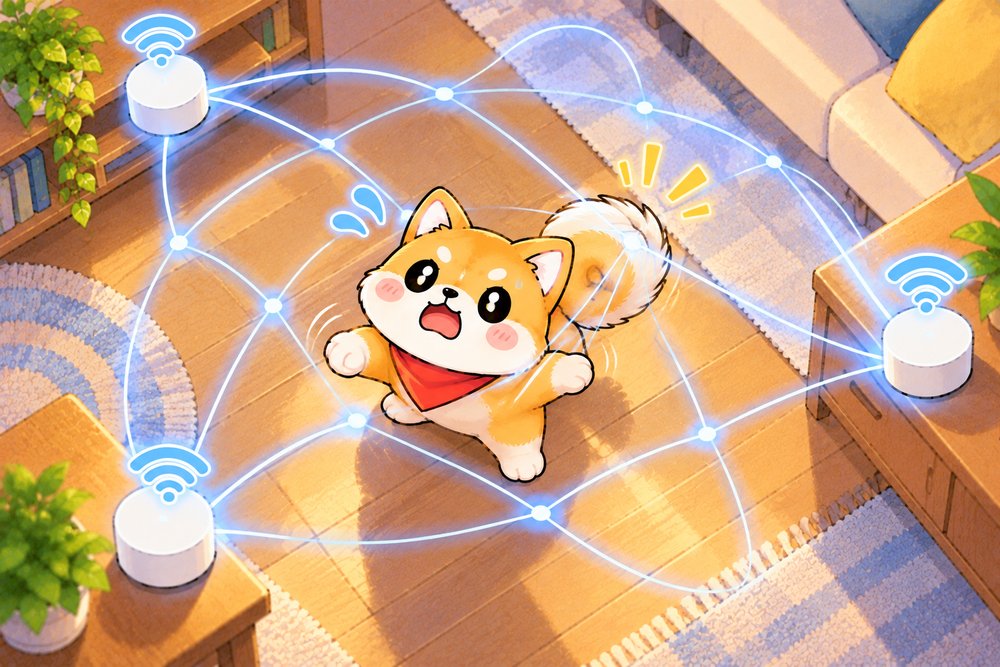メッシュWiFiの電波の網に引っかかって驚く柴犬のナビ助