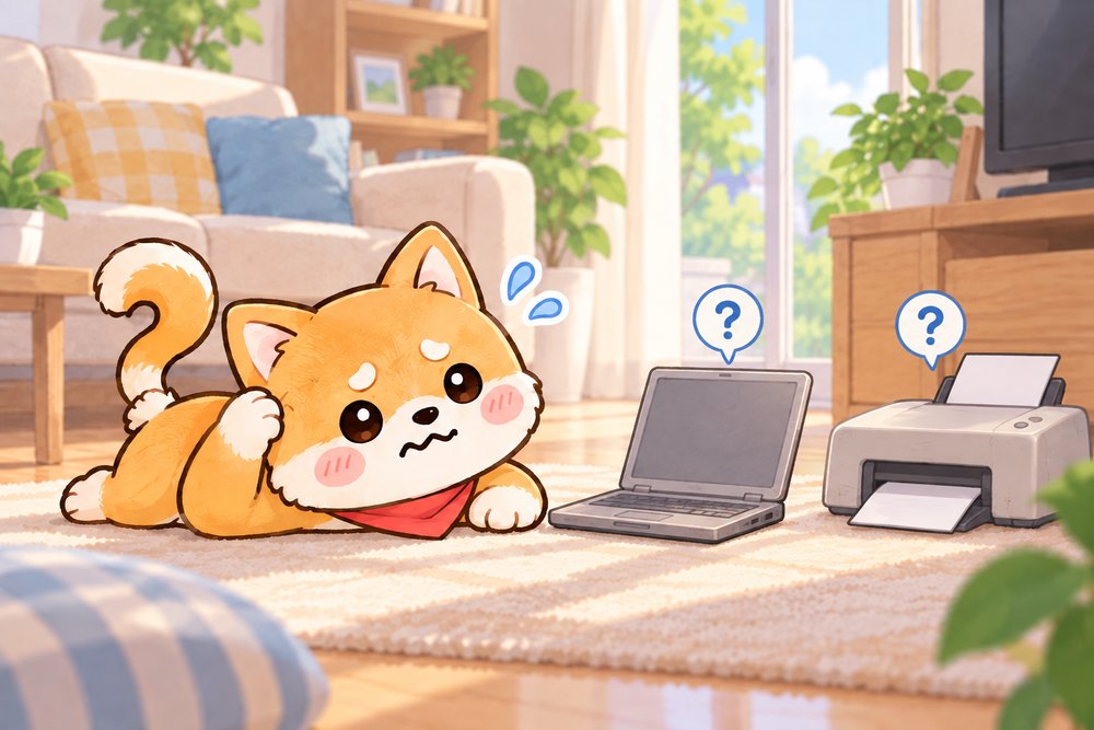 古い機器がつながらず困る柴犬のナビ助