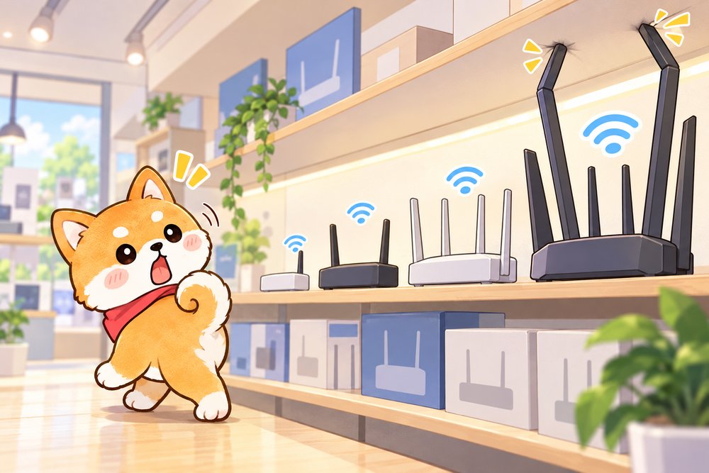 新旧のルーターを見比べて驚く柴犬のナビ助